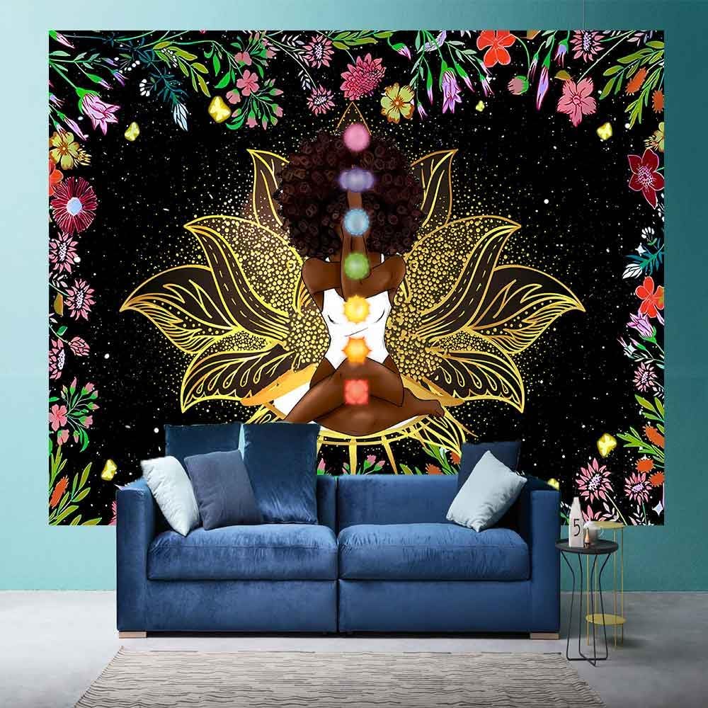 Ine Ive African Chakra Tapestry African American Woman Zen Meditation Tapestries100x90 Inch Starry Sky Flower Garden Inspirational Afro Yoga Wall Art for Bedroom Dorm Decor