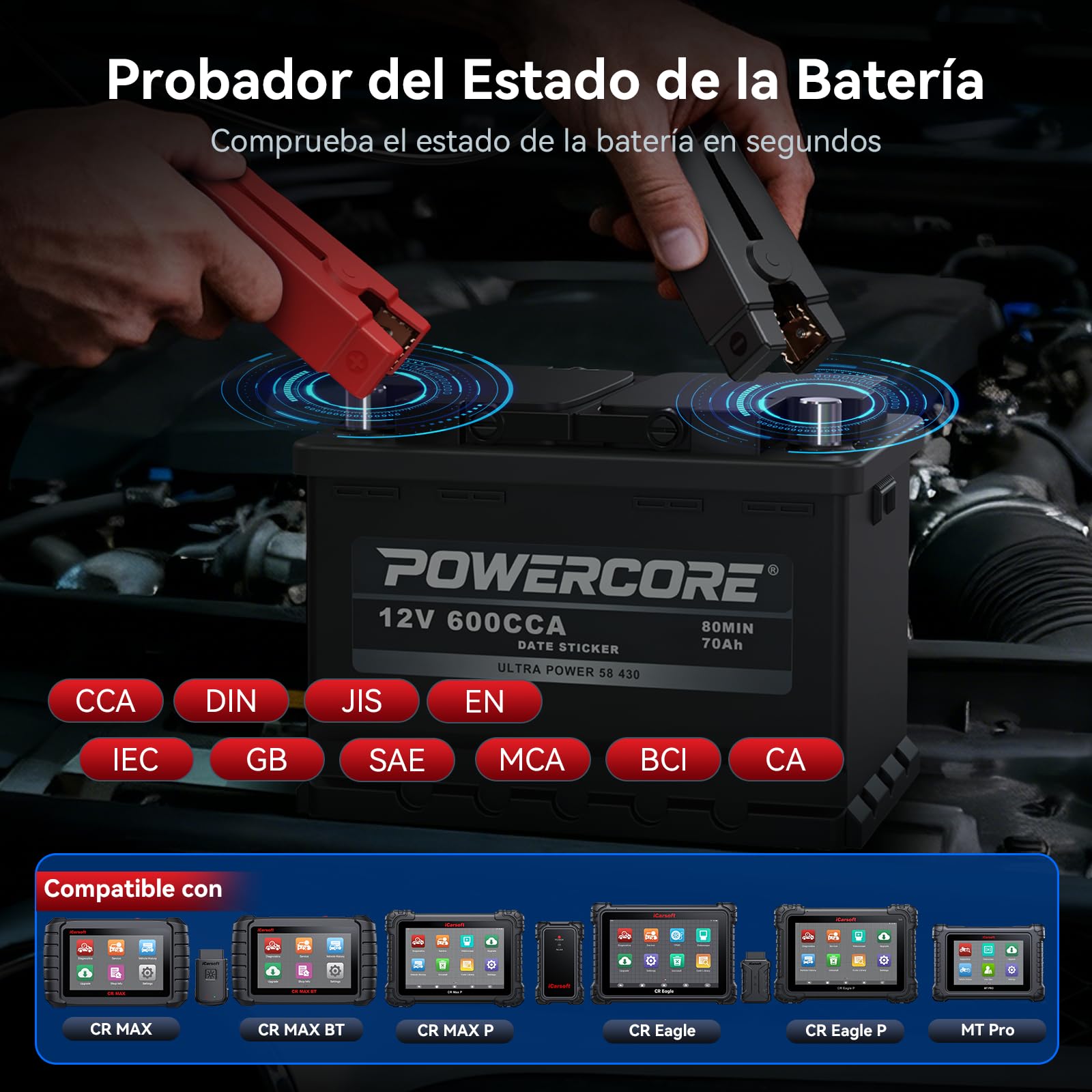 iCarsoft BT900 Probador de Batería Coche, Comprobador de Batería 12 V/24 V 100-2000 CCA, AGM, GEL, EFB, Bluetooth Conexión, Prueba de Arranque/Carga para Coche, Moto, ATV, SUV, Barco, Yate