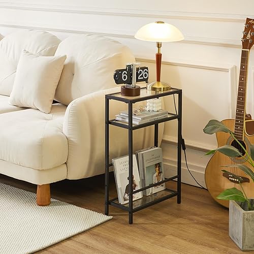 Miniatura 9 de IBUYKE Mesa auxiliar estrecha con estante de almacenamiento, mesa auxiliar de 3 niveles, mesa de sofá moderna, mesita de noche pequeña con