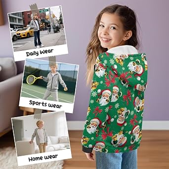 WELLFLYHOM Christmas Zip Up Kids Sweatshirts Girls Boys 6-16 Fleece Lining Long Sleeve Hoodies Sweater with Pocket