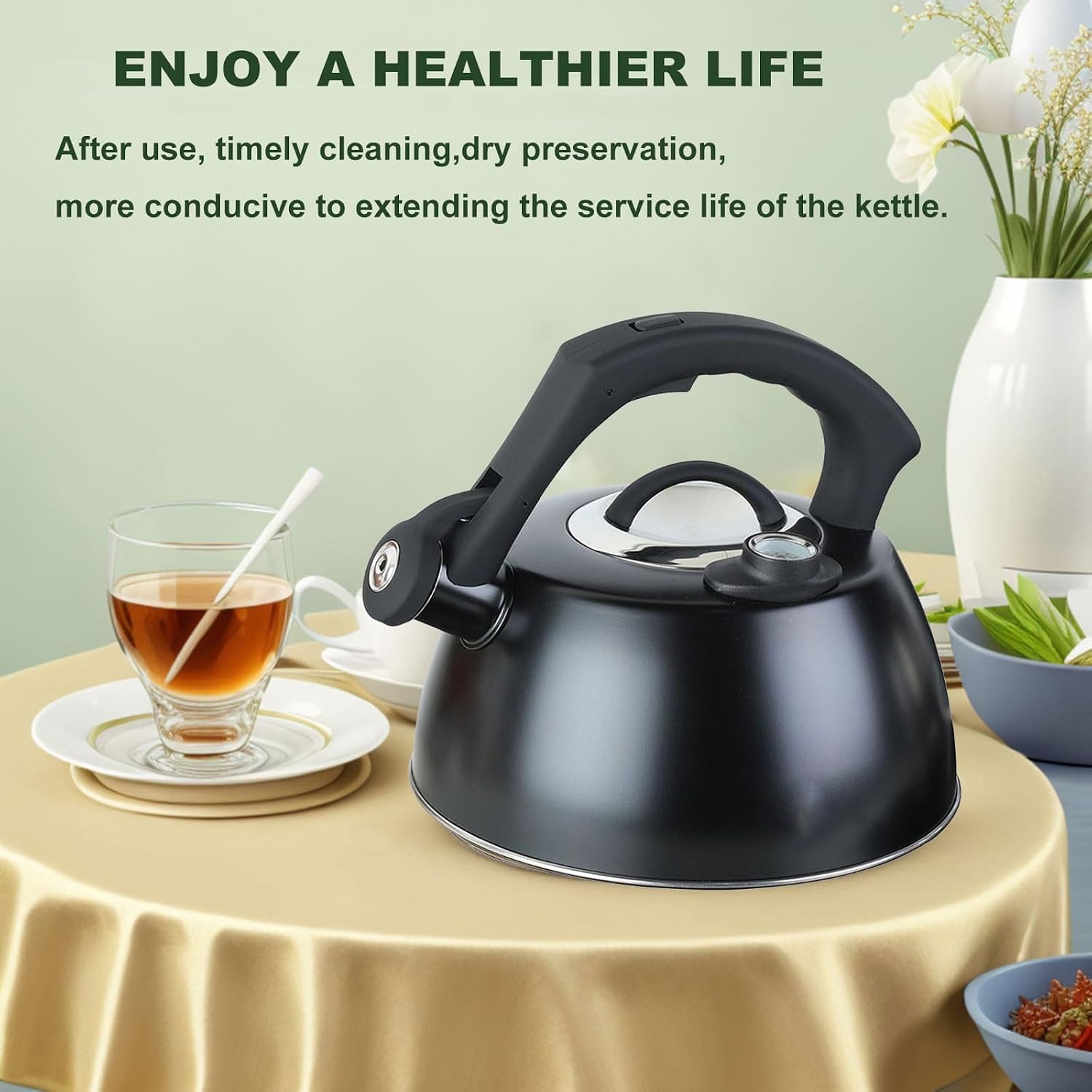 Induction Tea Kettle with Thermometer, Stainless Steel Tea Pot for Stove Top, Whistling Teapot with Heat-Resistant Handle Suitable for All Heat Sources(2.6 QT)