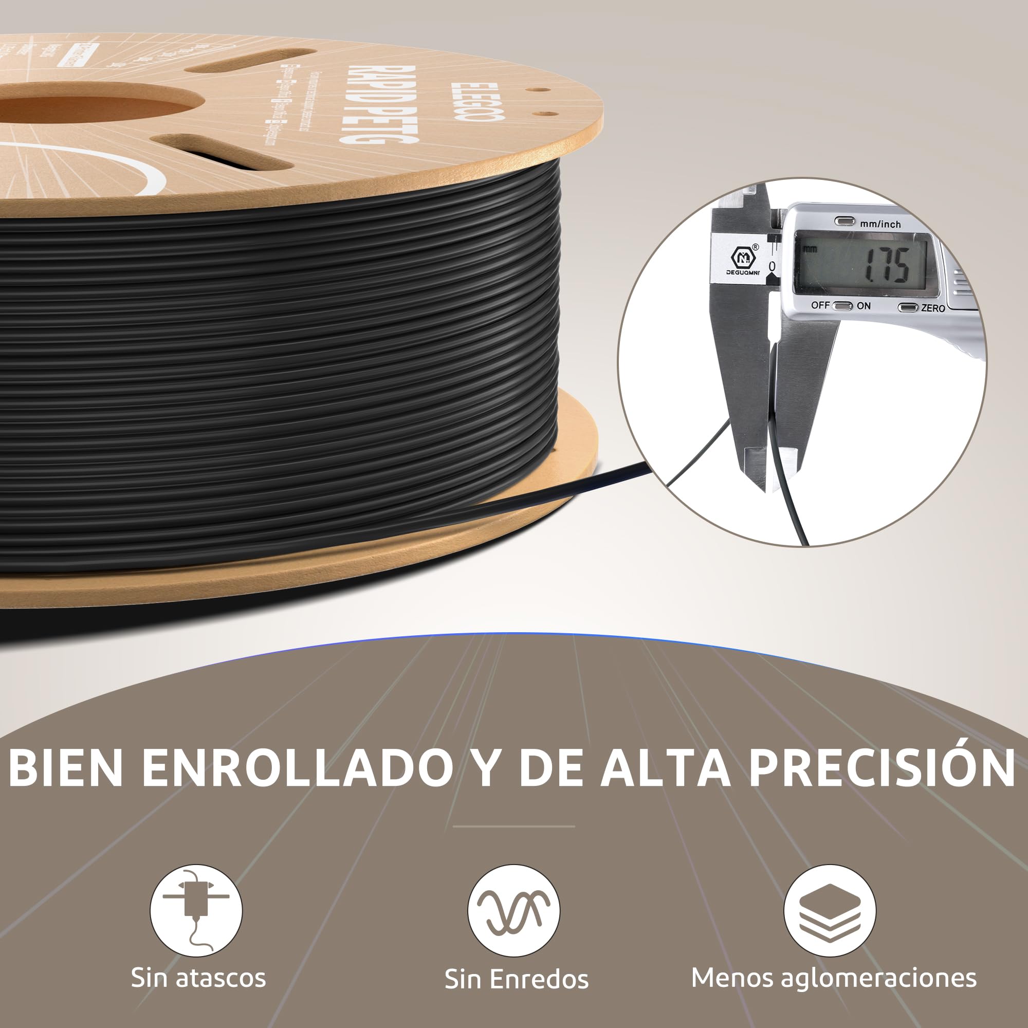 ELEGOO Filamento PETG Rápido 1.75mm 1KG Negro, Alta Velocidad 30-600mm/s para Impresora 3D