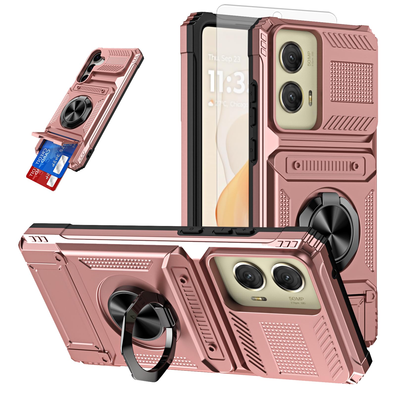 Furiet Phone Case for Motorola Moto G Stylus 5G 2024 with Tempered Glass Screen Protector Card Slot Magnetic Ring Stand Shockproof Soft Silicone