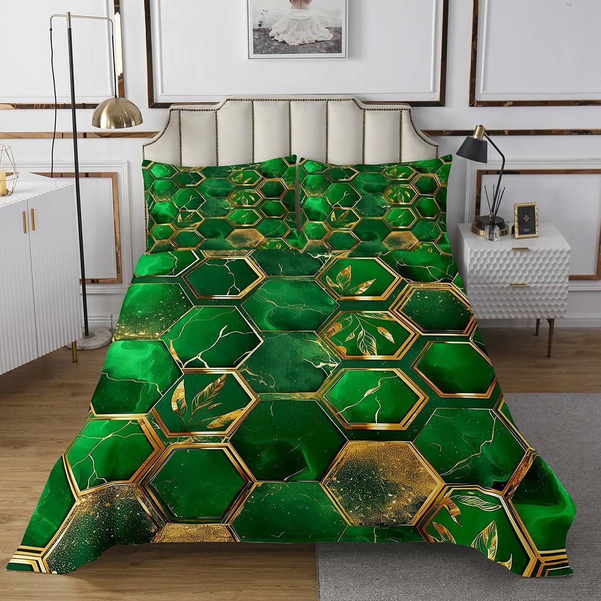Erosebridal Golden Honeycomb Bedspread Set Green Marbling Coverlet Set,Hexagon Beehive Botanical Leaf Quilt Set Abstract Ombre Marble Textured Quilted King,Geometric Ink Fluid Art Room Decor