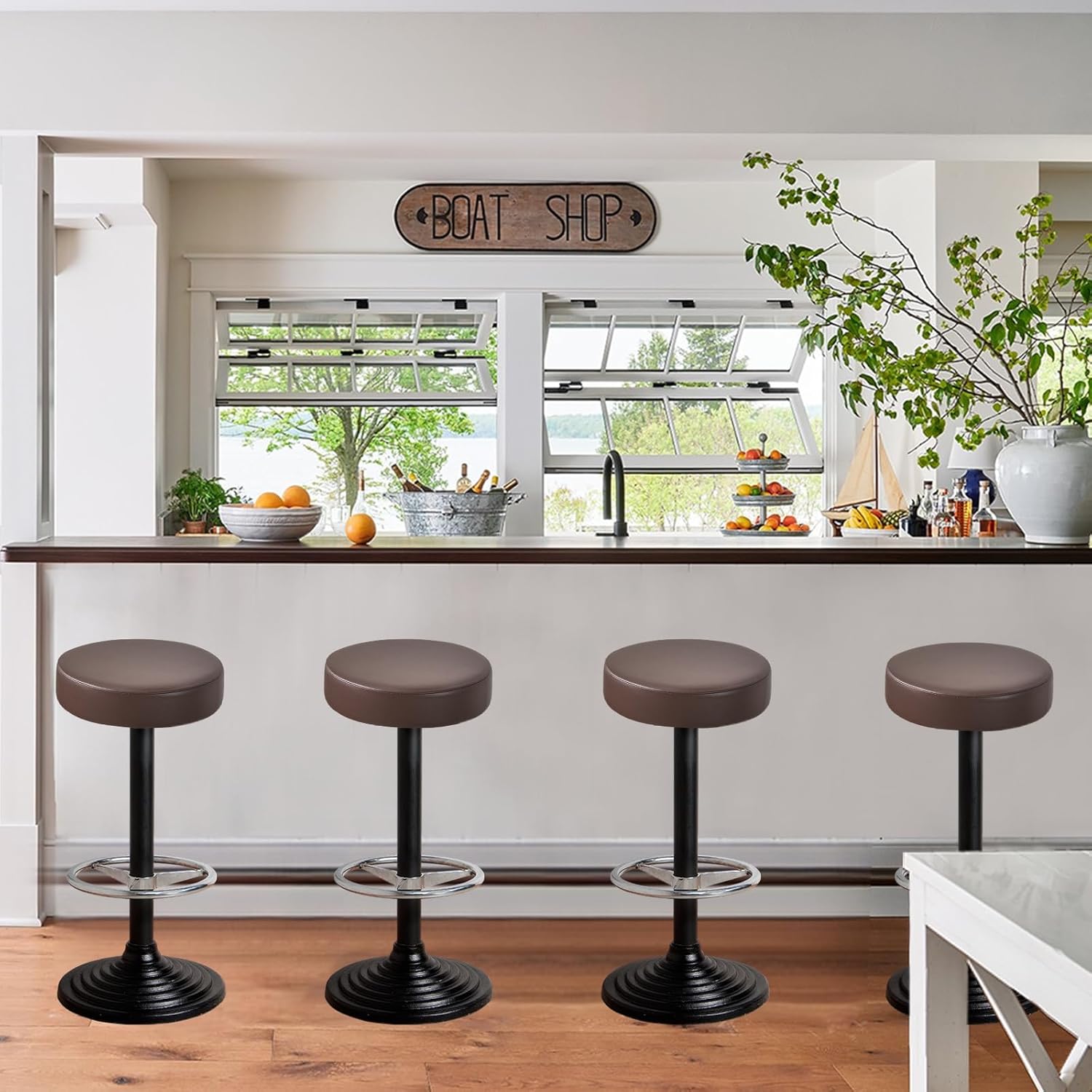 FUANGUI Bar Stool Covers Round Set of 4, Waterproof PU Bar Stool Seat Covers with Elastic Bands,Bar Stool Chair Covers Washable Stool Slipcover for 16-18 Inch - Coffee