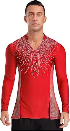 iiniim Men Cha Cha Tango Latin Ballroom Dance Top Mesh Patchwork with Split Dance Shirt for Ballet Stage
