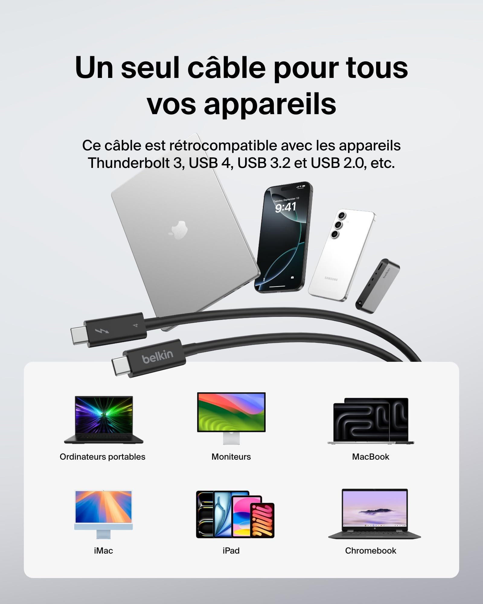 Belkin Câble Thunderbolt 4 (1 m, USB-C vers USB-C, Power Delivery 100 W, certifié USB 4, compatible Thunderbolt 3, MacBook Pro, eCPU, etc., certifié Intel Thunderbolt)
