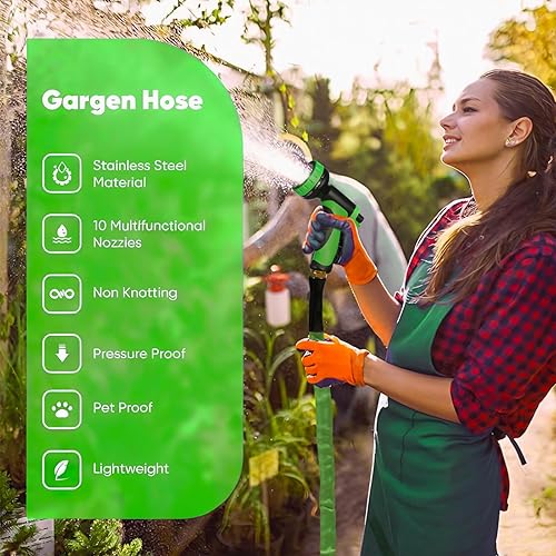 Miniatura 3 de Manguera de jardín de 50 pies, no expandible, 10 boquillas funcionales, manguera de jardín antitorceduras, manguera de agua flexible resistente de