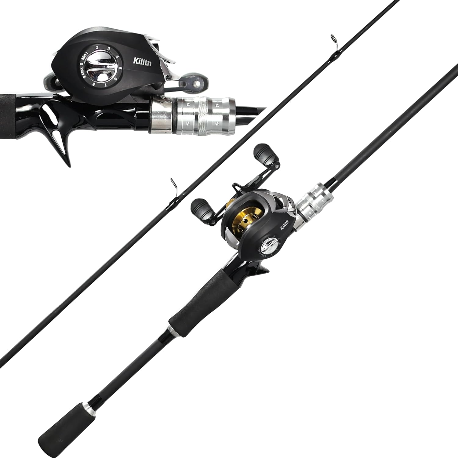 Kilitn Fishing Rod and Reel Combo, Black Color Baitcasting Combo Baitcast Reel, 2-Piece Baitcaster Rod, Durable Fiberglass with Comfortable EVA Handle