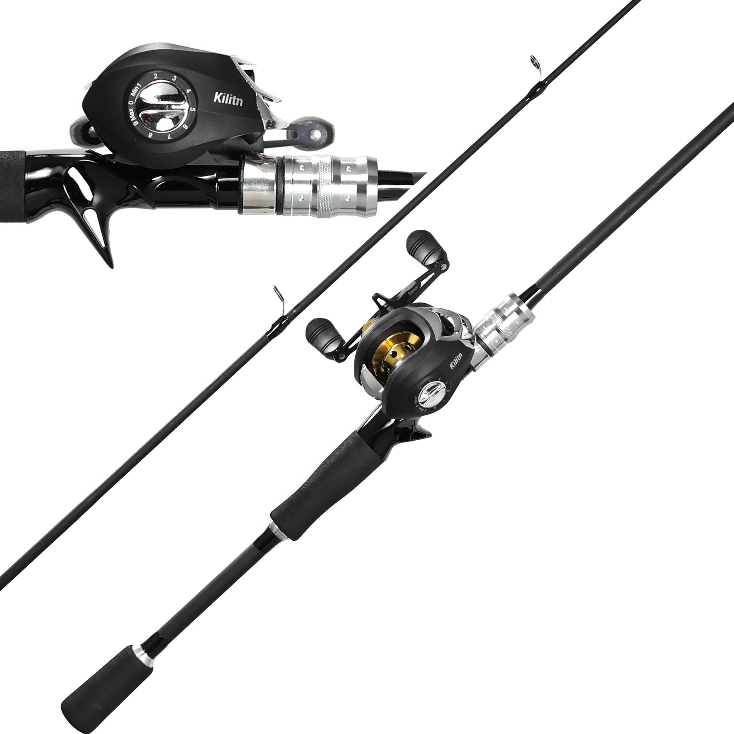 Kilitn Fishing Rod and Reel Combo, Black Color Baitcasting Combo Baitcast Reel, 2-Piece Baitcaster Rod, Durable Fiberglass with Comfortable EVA Handle 