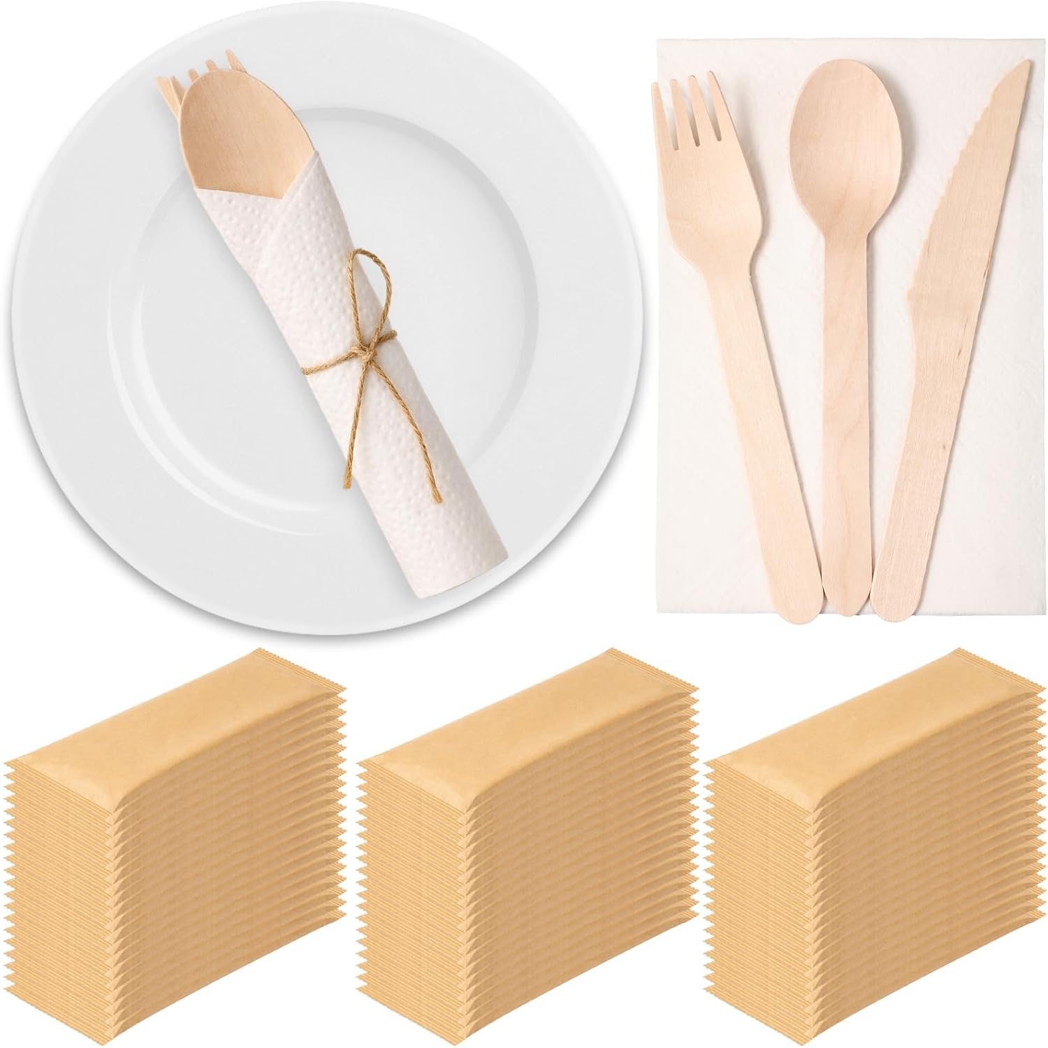 Zhehao 60 Pack 240 Pcs Wrapped Silverware Set Disposable, Pre Rolled Wooden Cutlery Set Individually Wrapped, Compostable Wood Utensil with Napkins Forks Spoons Knives for Wedding Party Event