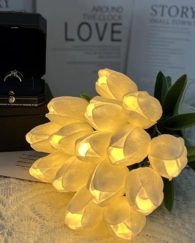 Miniatura 5 de FERLLY 15 Pcs Artificial White Tulip Flowers with LED Light, Real Touch Tulip Bouquet, Flower Lamp, Christmas Flowers Decorations, Battery Operated,