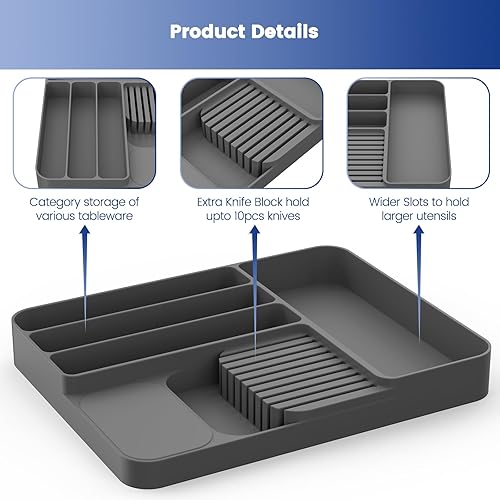 Miniatura 7 de OUTXE Organizador de cajones de cubiertos de silicona, organizador de utensilios antideslizante para cajones de cocina, bandeja de cubiertos con