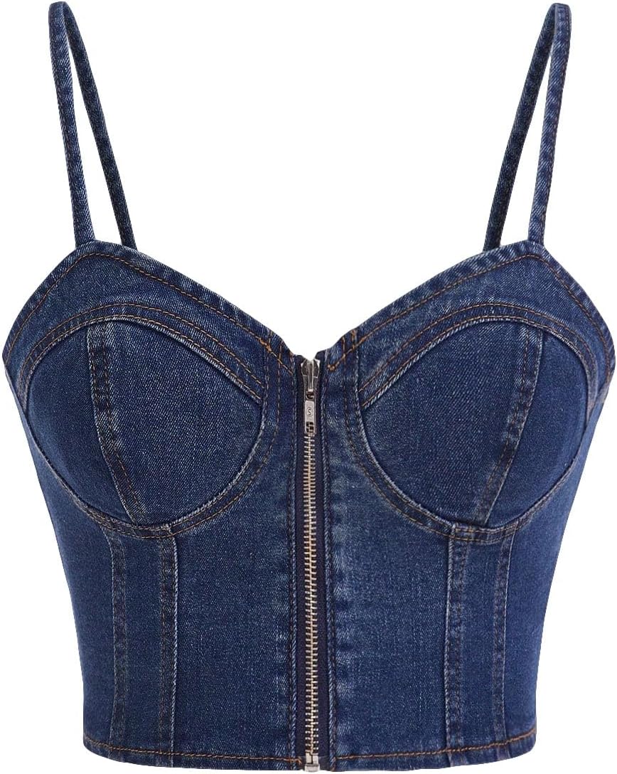 Milumia Women's Denim Bustier Crop Top Zip Front Spaghetti Strap Jean Cami Tank Tops