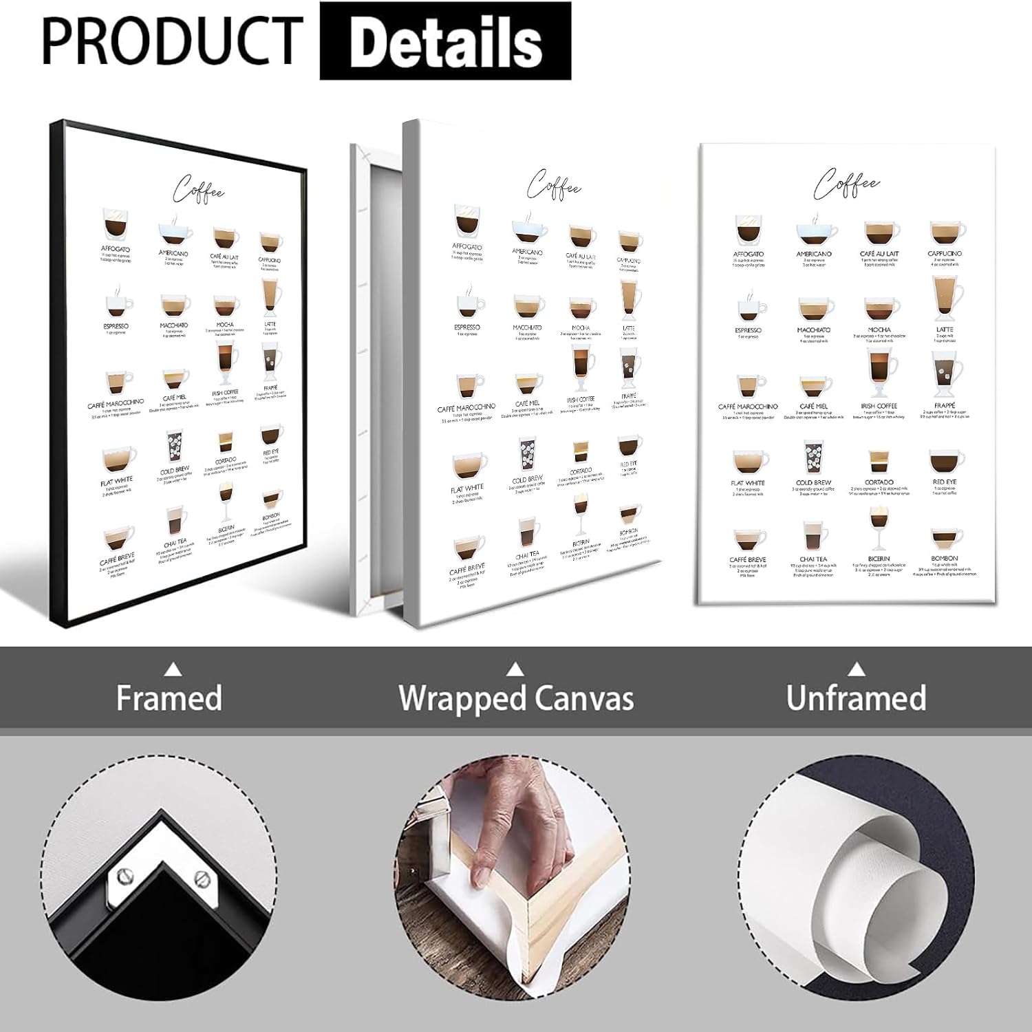 Trendy Coffees Drinks List Canvas Posters Funky Coffee Essentials Guide Wall Art Coffee Lovers Aesthetic Prints Painting For Kitchen Apartment Wall Decor 12x16in Framed