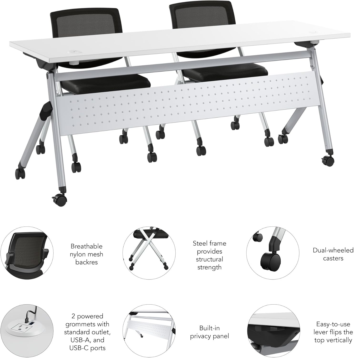 Bush Business Furniture Folding Training Table Set for 2, 72 inch Desk with Powered Grommets and 2 Chairs, Commercial-Grade Bundle for Office or Classroom, Envision Collection, White