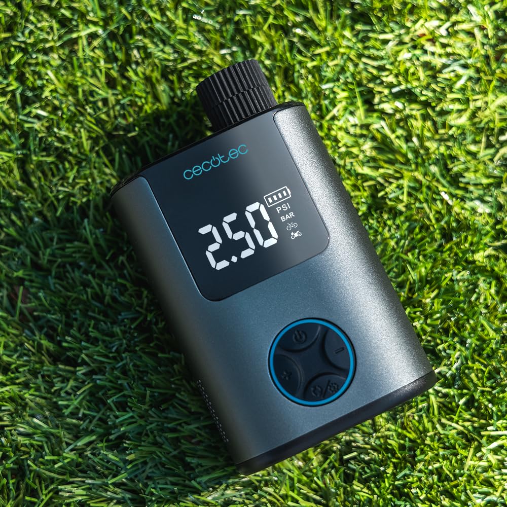 Cecotec Tragbarer Luftkompressor, kompakte elektrische Luftpumpe für Fahrrad, Motorrad, Auto und Bälle Mini Air Max, doppelter 600-mAh-Akku, Kapazität 150 PSI, bürstenloser Motor, 150 g