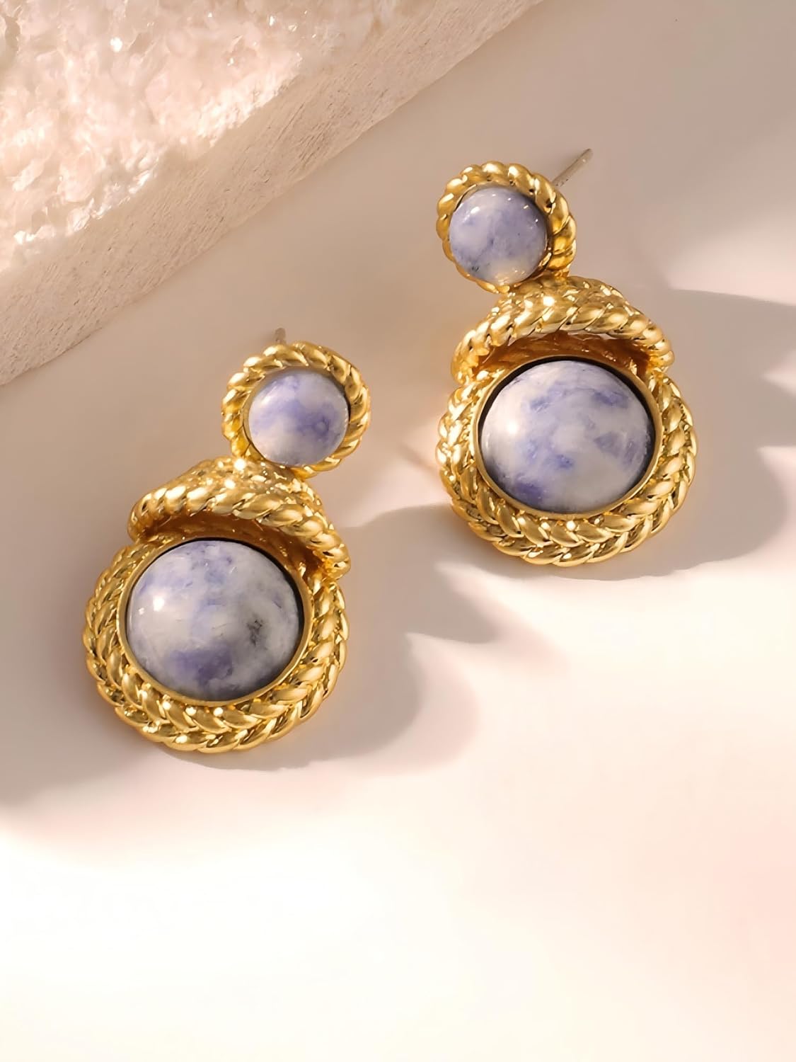Handmade Blue Natural Gemstone Dangle Earrings - 18K Gold Plated Brass Twisted Rope Design, S925 Sterling Silver Posts Hypoallergenic Jewelry Gift for Women - Image 6