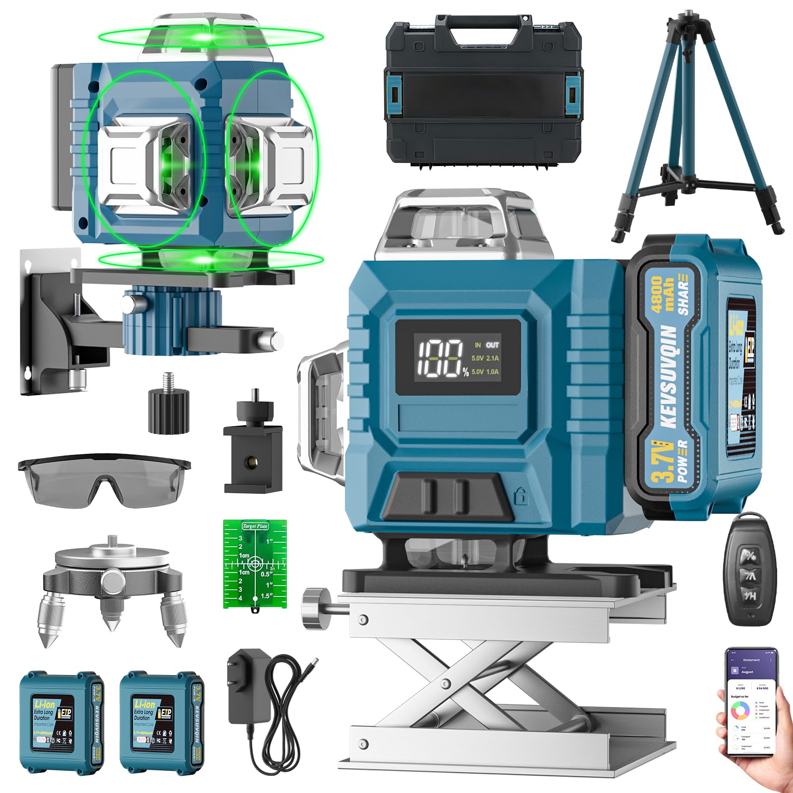 Nivel Laser con Tripode,Nivel Laser Autonivelante 360 Grados con 2x3000mAh Batería & Indicador LED,Nivelador Laser 4 x 360 °, 4D 16 Líneas Laser Verde/APP/Control Remoto/IP54 Resistente Agua