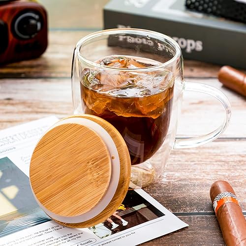 Miniatura 6 de 4 tazas de café de vidrio de 12 onzas con tapas de bambú tazas de café de vidrio de doble pared aisladas tazas de té transparentes con asas para