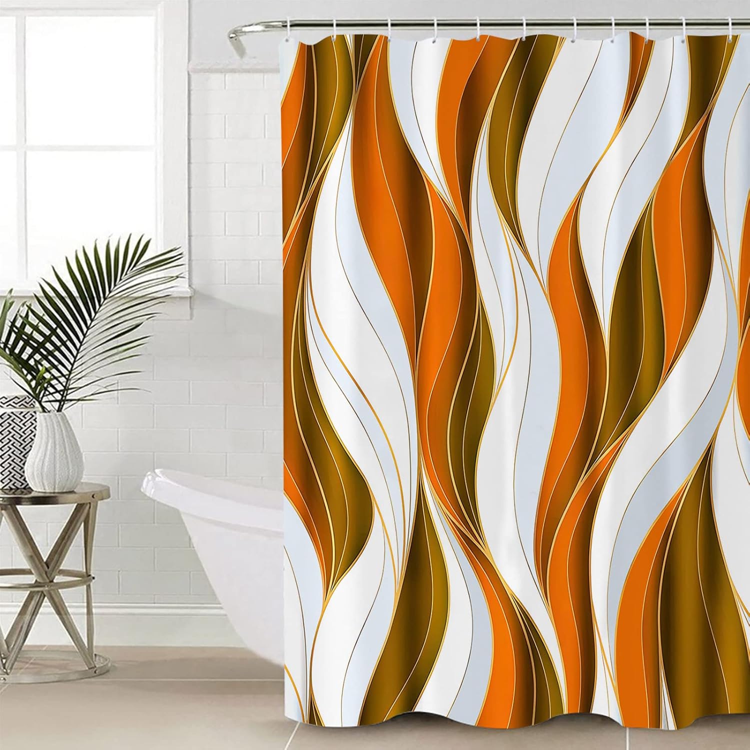 Shower Curtains for Bathroom Accessories, Orange Brown Polyester Fabric Bathtub Curtain with 12 Hooks, White Moire Geometric Modern Abstract Art Waterproof Shower Curtains 72 x 72 Inches