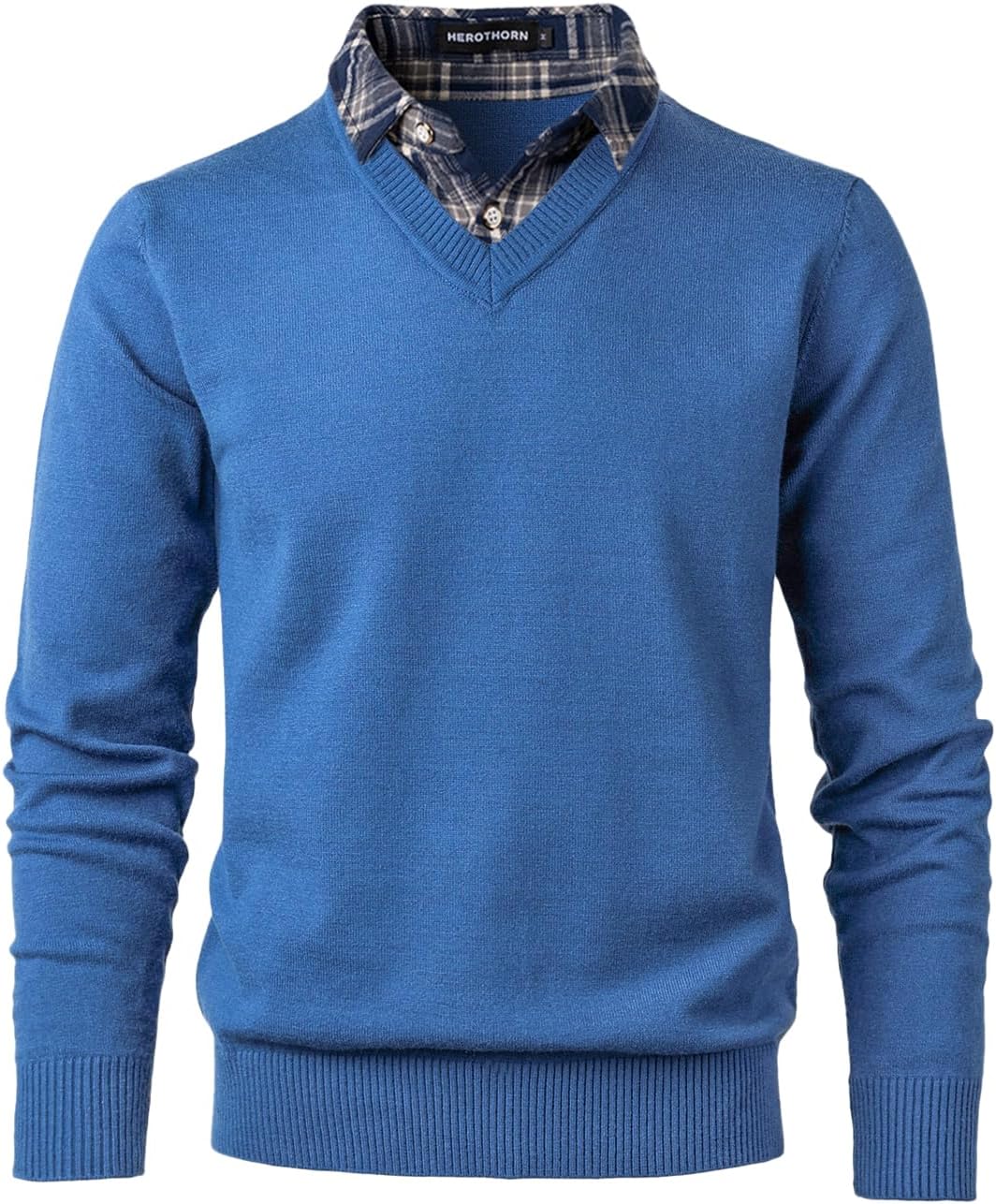 Men's Knit Sweater Fashion Pullover Soft Touch V-Neck Sweatshirt Top with Plaid or White Mock Shirt Collar - Image 2