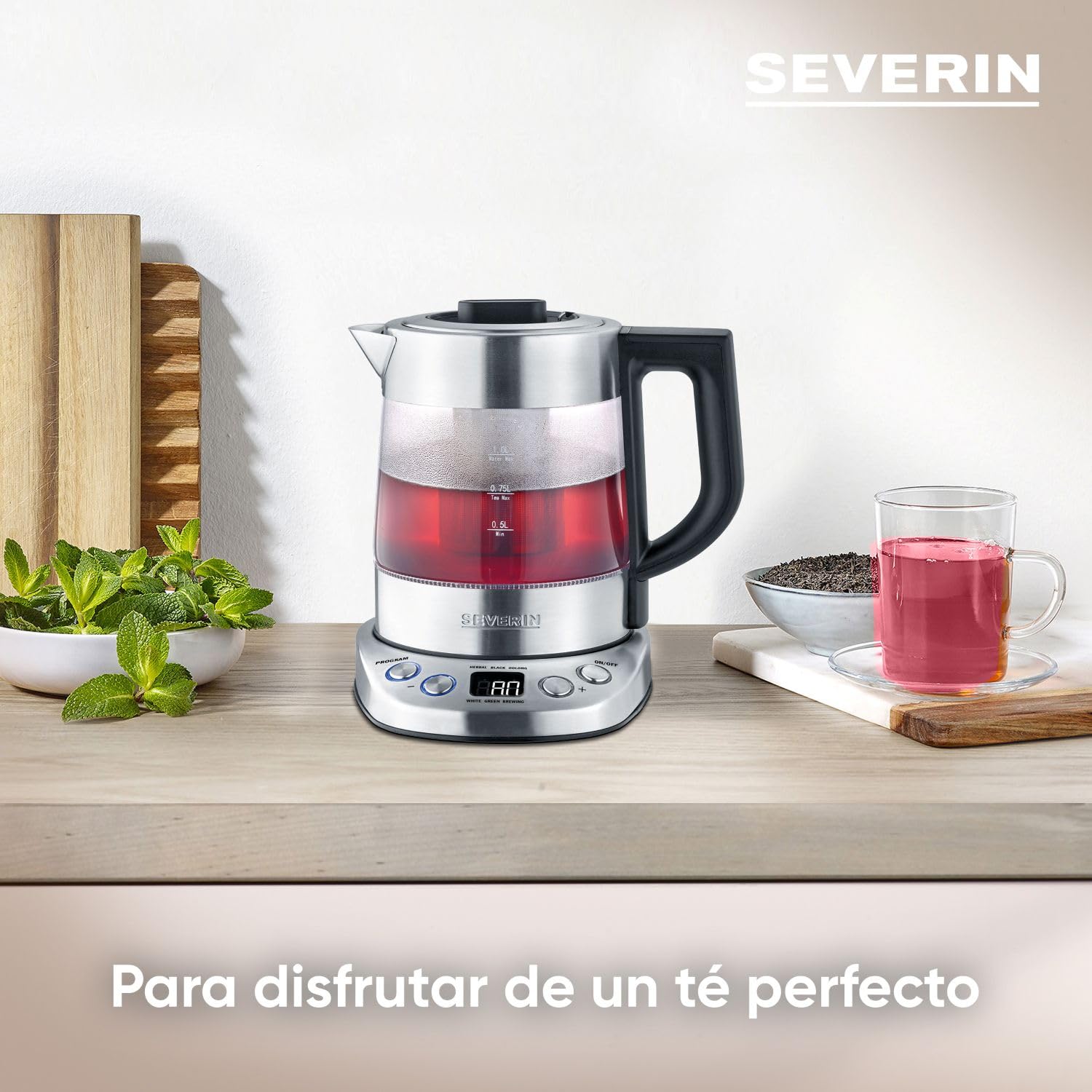 SEVERIN Tetera y hervidor de agua Deluxe Mini, tetera eléctrica de cristal para hasta 1,0 L, tetera pequeña con temperatura ajustable, color acero cepillado/negro, WK 3473