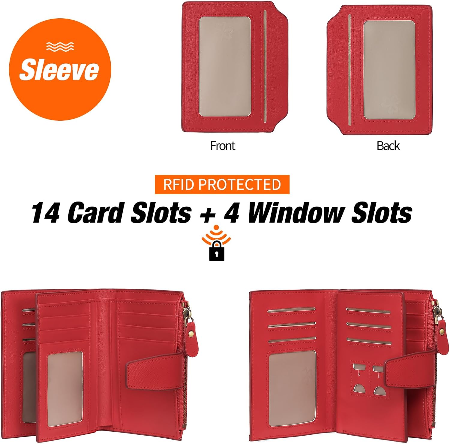 GOIACII RFID Women's Wallet Small Ladies Credit Card Holder Leather with Zipper Pocket 4 ID Windows Cross Grain Red - Image 2