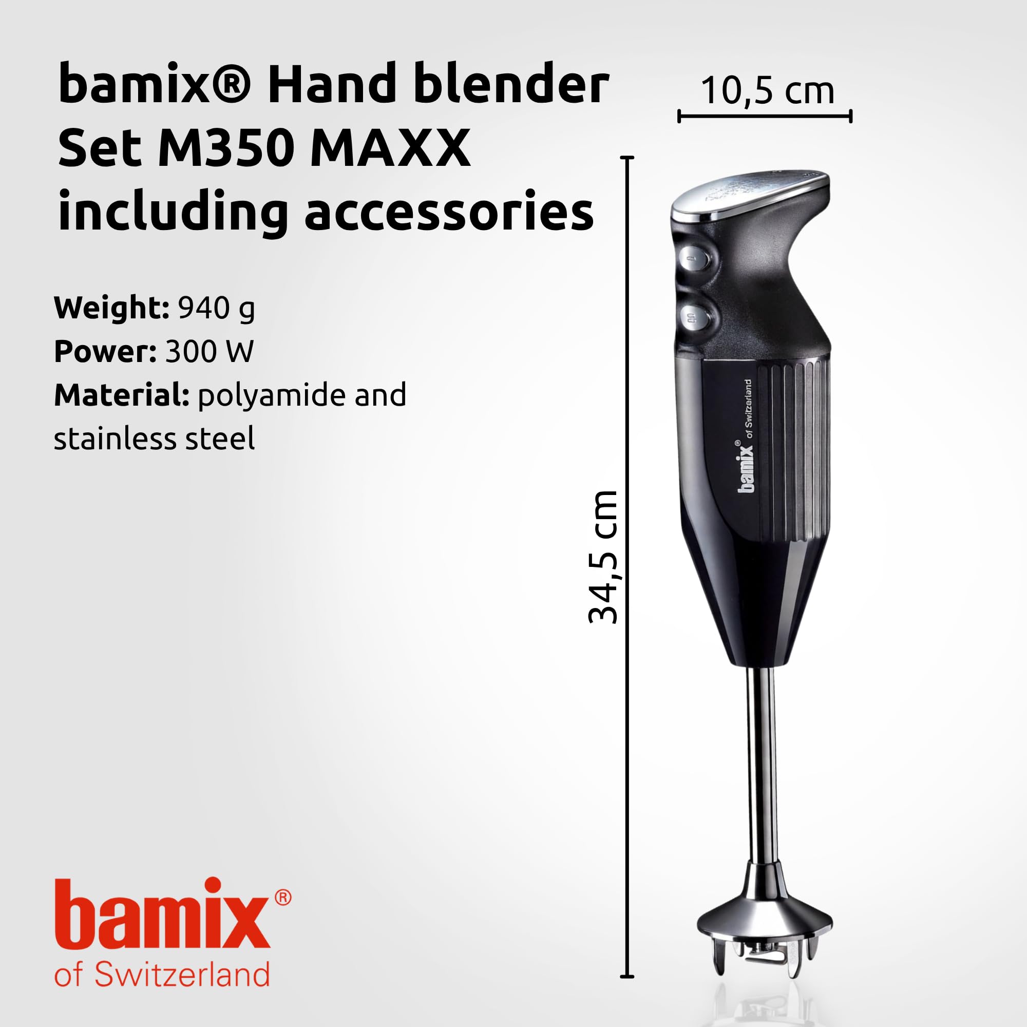 bamix M350 MAXX Blender ręczny z uchwytem, 2 szklanki, 4 narzędzia, procesor, szpatułka, szczotka do czyszczenia, 300 W, wyprodukowano w Szwajcarii, czarny i chromowany