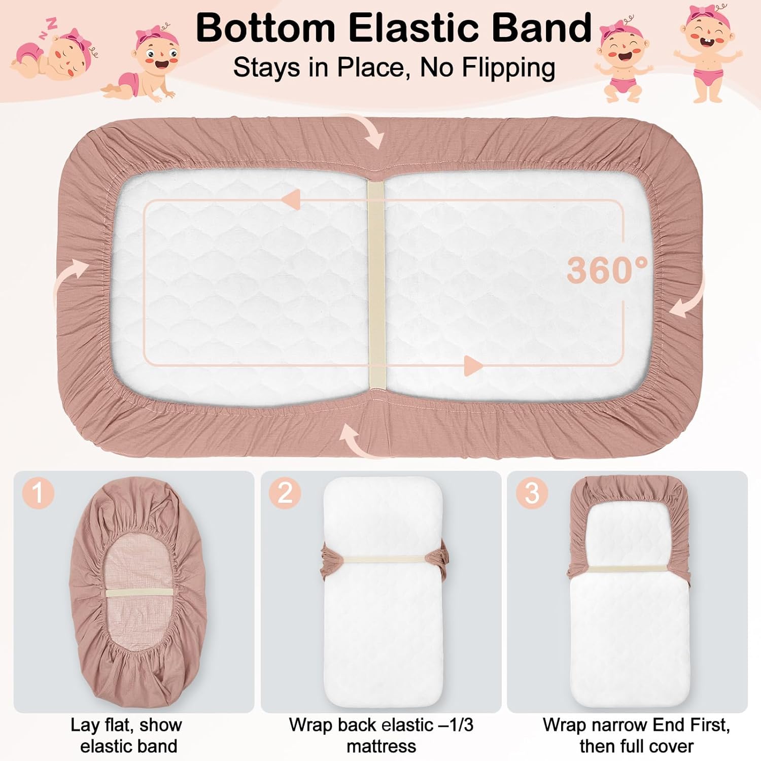 Baby Bassinet Sheets TPU Waterproof 2 Pack Soft Muslin Bedside Bassinet Mattress Sheets with Bottom Elastic Band for Baby Boy Girls Unisex Fit Hourglass Oval and Rectangle, Brown Flowers - Image 4