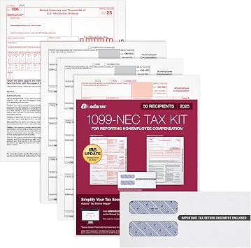 Adams 1099 NEC Forms 2025, 3-Part Kit for 50 Recipients, Includes 50 Envelopes, 6 1096 Forms, Compatible with QuickBooks and Other Accounting Software 1017231