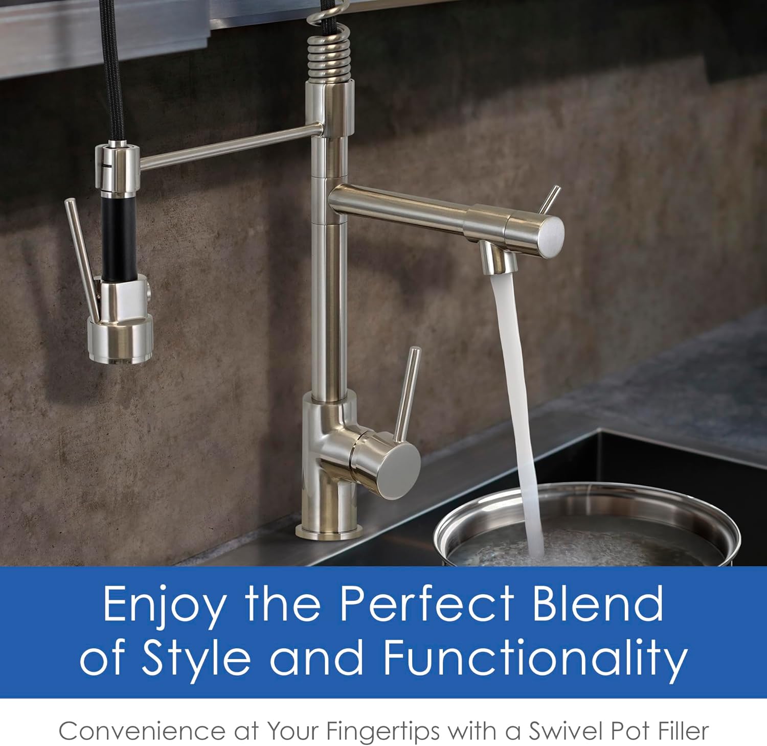 Dakota Pull Down Kitchen Faucet with Pot Filler – Single Hole Commercial Style Kitchen Sink Faucet, 22-Inch High Arc, 1.5 GPM, Brushed Nickel.