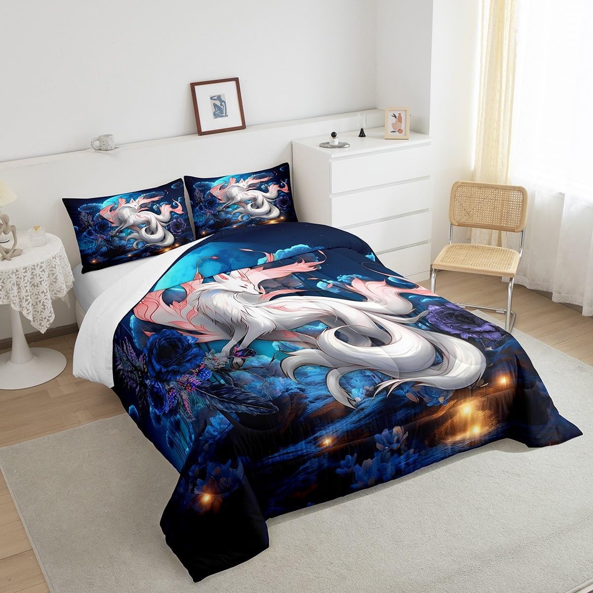 Feelyou Japanese Ukiyoe Comforter Set White Fox Blossoms Floral Bedding Bed Set for Kids Boys Girls Galaxy Exotic Animal Comforter Japanese Decor Dreamy Quilt Set Bedroom Collection 3Pcs King Size