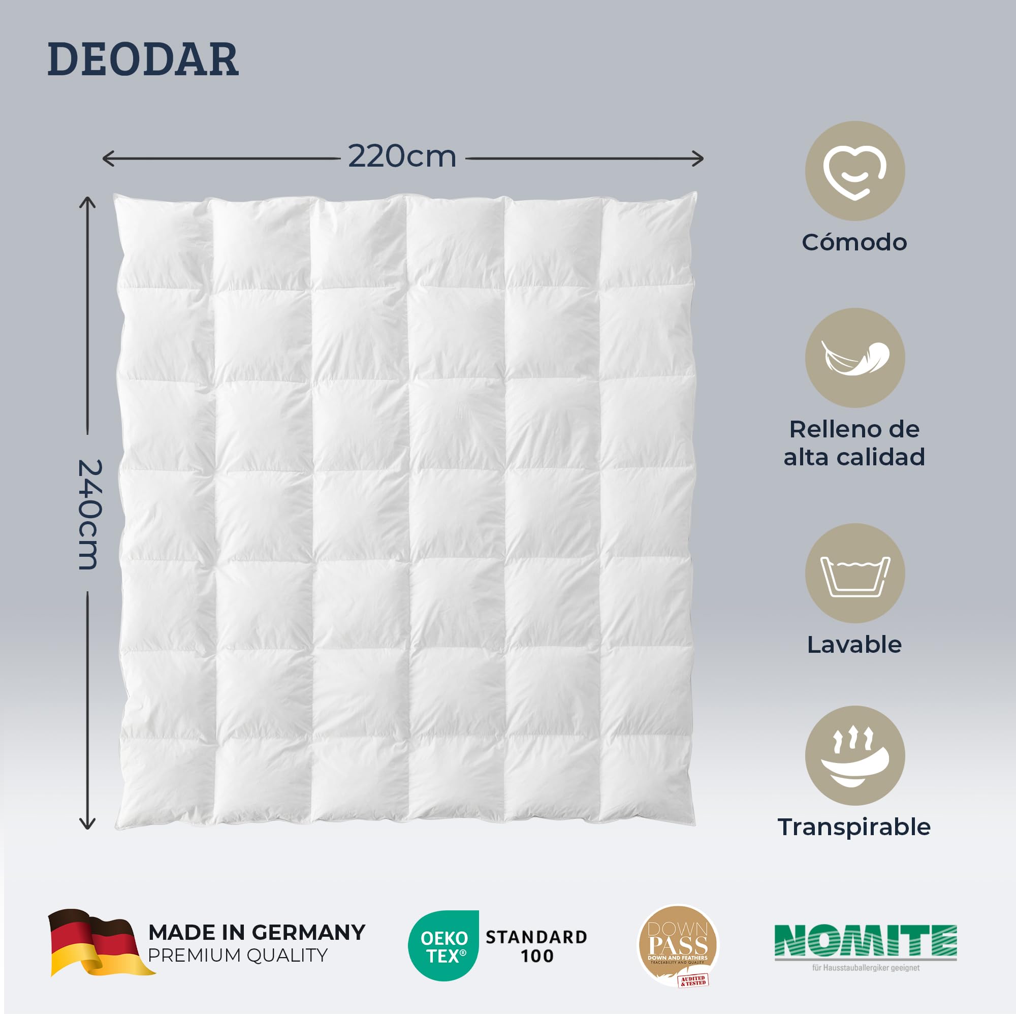Deodar Edredón de plumón 220x240cm,edredón para Todo el año con 2930g de Relleno de plumón y Plumas,100% algodón, Suave,Lavable,con certificación Oeko-Tex y RDS,Fabricado en Alemania