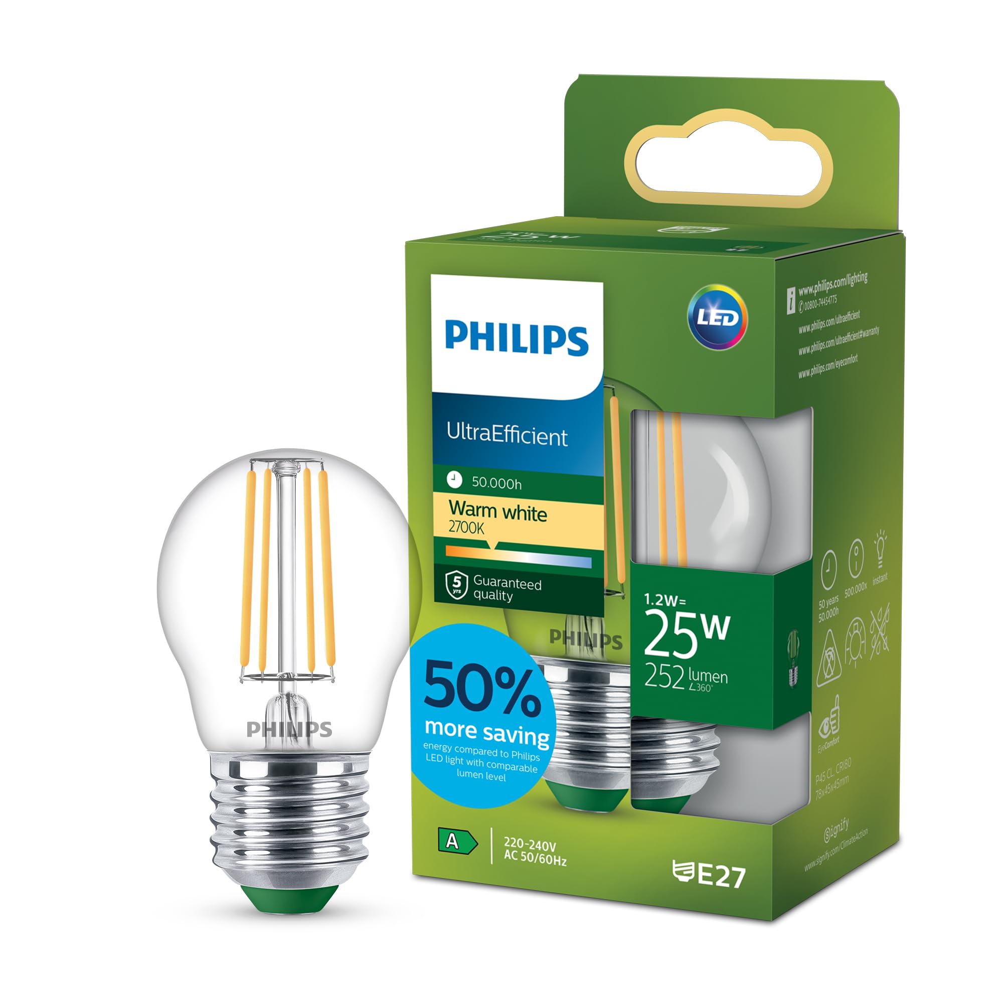 Philips LED UltraEfficient Clear P45 Filament Bulb, E27 Edison Screw, Energy Class A, 252 lm, 25W Equivalent, Warm White (2700K), EyeComfort, 50,000 Hours, 1 Pack