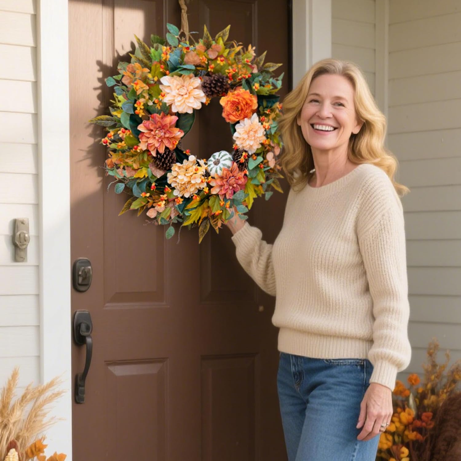 Fall Wreaths for Front Door Outside-24 Inch Autumn Wreath with Dahlia Flowers, Pumpkins, Pinecones, and Eucalyptus Leaves Large Fall Wreath for Thanksgiving, Halloween, Indoor Outdoor Door