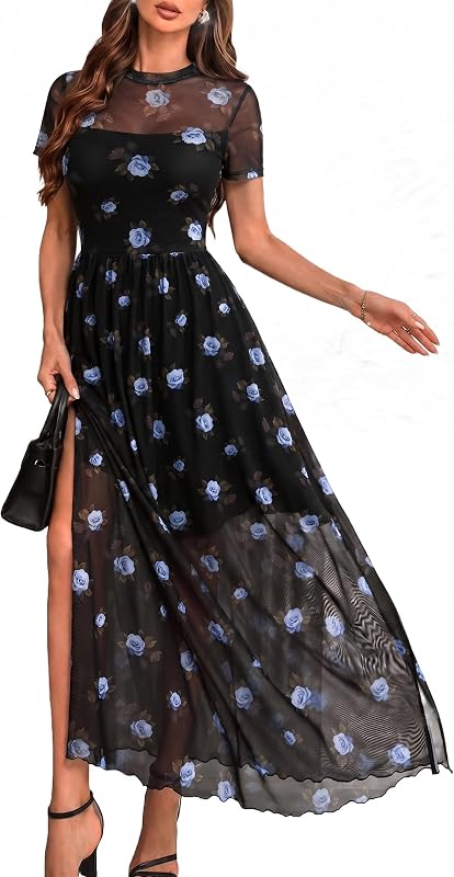 GothDark Women's Floral Mesh Short Sleeve Wedding Guest Maxi Dress
