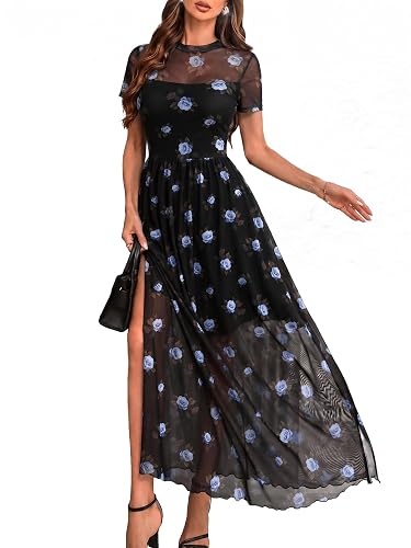 GothDark Women's Mesh Dress Short Sleeve Round Collar Floral Print