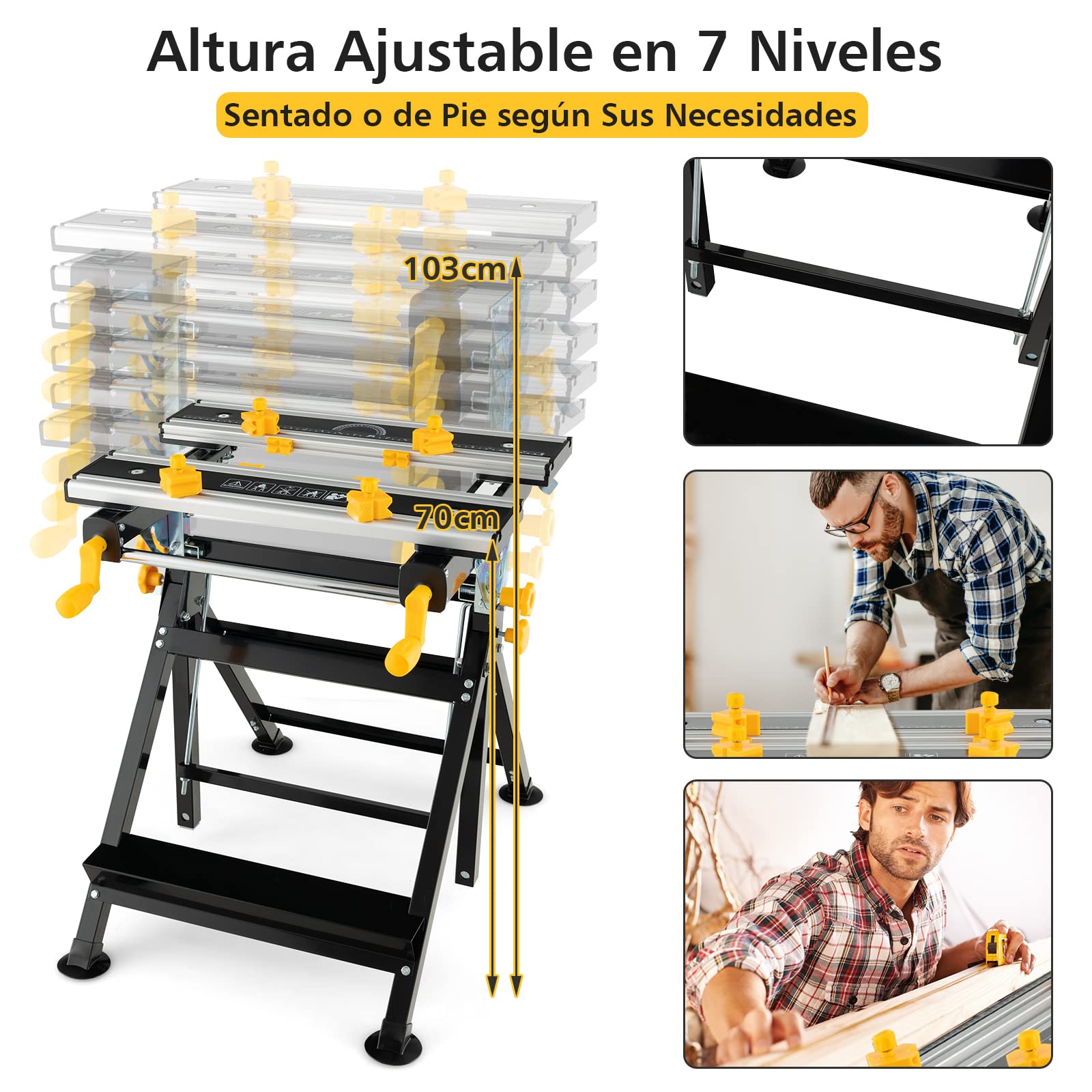 COSTWAY Mesa de Trabajo Plegable, Banco de Trabajo Portátil con Plataforma Inclinable y Altura Ajustable en 7 Niveles, Estación Multifuncional de Alumnio con 8 Abrazaderas, 2 Asas