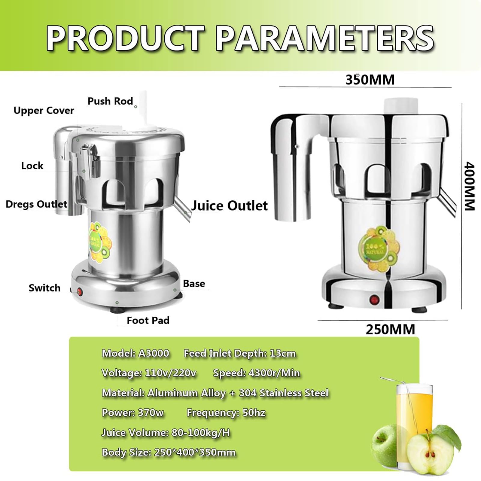 Exprimidor de frutas y verduras de acero inoxidable, extractor de jugos comercial de alta resistencia, exprimidor eléctrico de cítricos, tolva de alimentación grande de 2 l