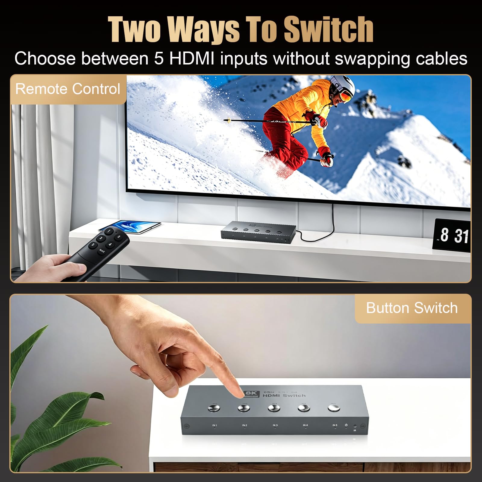 Conmutador HDMI de 8 K @ 60 Hz, 5 x 1, Tendak Aluminio HDMI 2.1 Switch 5 en 1 Salida HDMI Conmutador con mando a distancia IR Soporte 4K @ 120Hz/240Hz, HDR10, HDCP 2.3