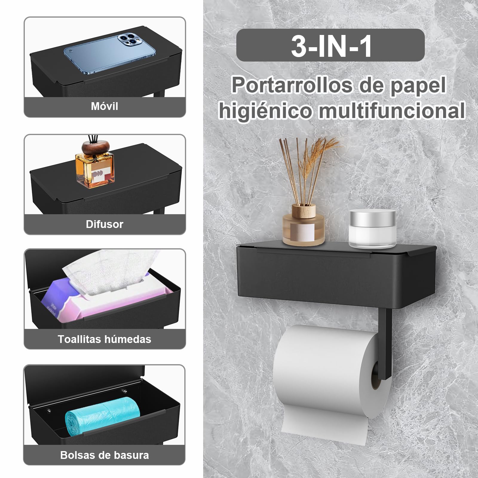 SURFOU Portarrollos Papel Higienico, Porta Rollos de Papel Higienico, Soporte Papel Higienico Adhesivo, con Caja para Toallitas Húmedas, Sin Necesidad de Perforar, Hecho de Acero Inoxidable