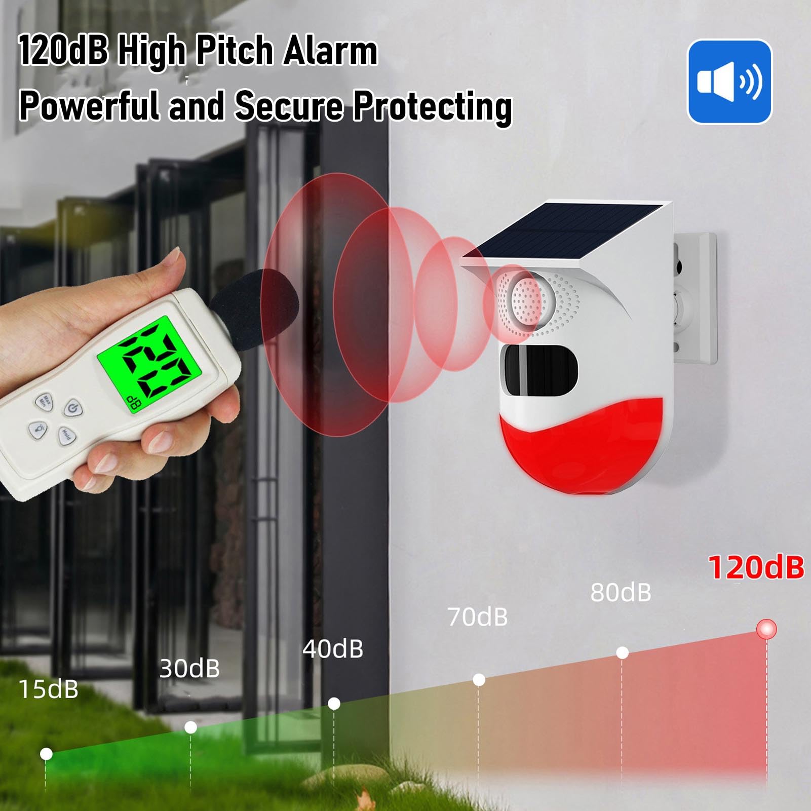 Jectse Sirena con Sensor de Movimiento Solar, Detección de 110°, Alarma de 120 DB, Luz de Seguridad Exterior a Prueba de Agua IP67 con Control Remoto para , Alarma de Detección de