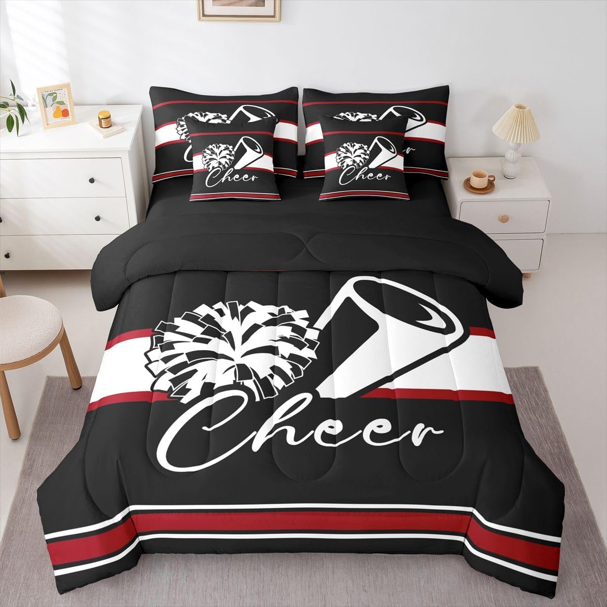 Feelyou Cheer Queen Comforter Set with Sheets for Kids Boys Girls Cheerleader 7 Pieces Bedding Set Sport Cheerleading Team Bed in a Bag Black Red Room Decor Soft Lightweight Microfiber