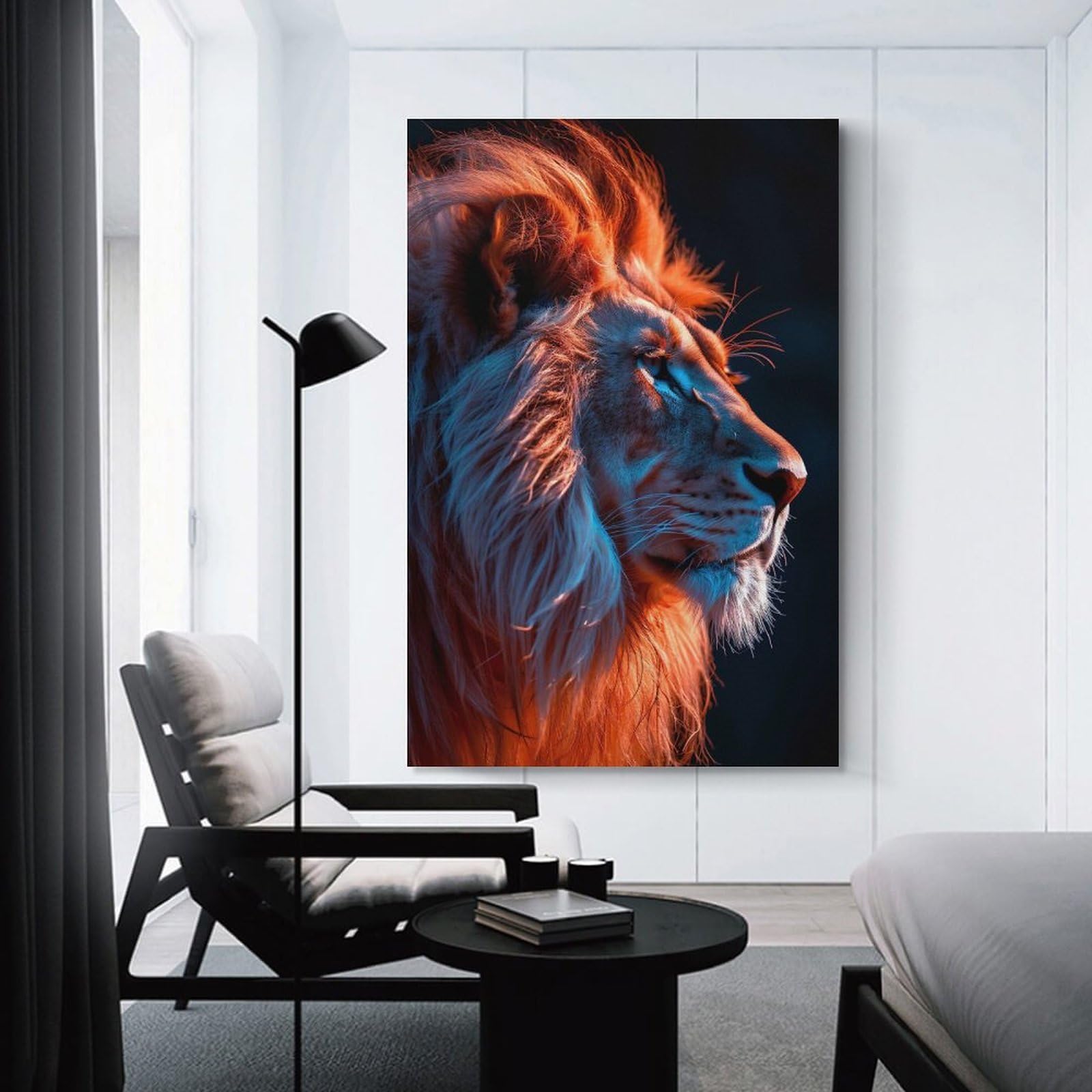 Junmoney Lion Portrait with Orange And Blue Lighting Canvas Art Print, 08x12inch(20x30cm), for Wall Displays, Bedrooms Or Room Updates, Home Wall Art for Statement Displays