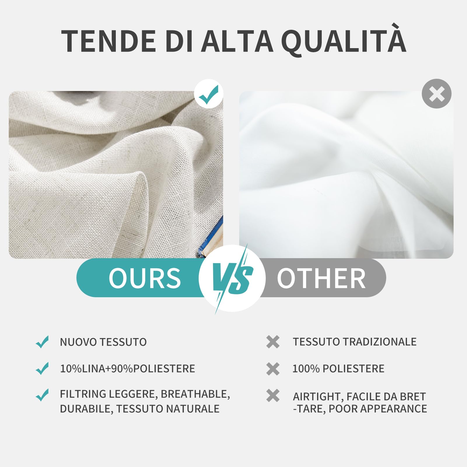 Tende in voile con occhielli Joydeco 260x140 cm bianco effetto lino set da 2 pezzi per camera da letto soggiorno