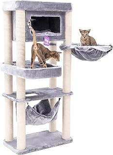 Petrebels Kratzbaum Mansion 150 cm hoch, mit Hängematte, Schlafhöhle und XL Sofa, Für mittelgroße Katzen, Farbe Grau
