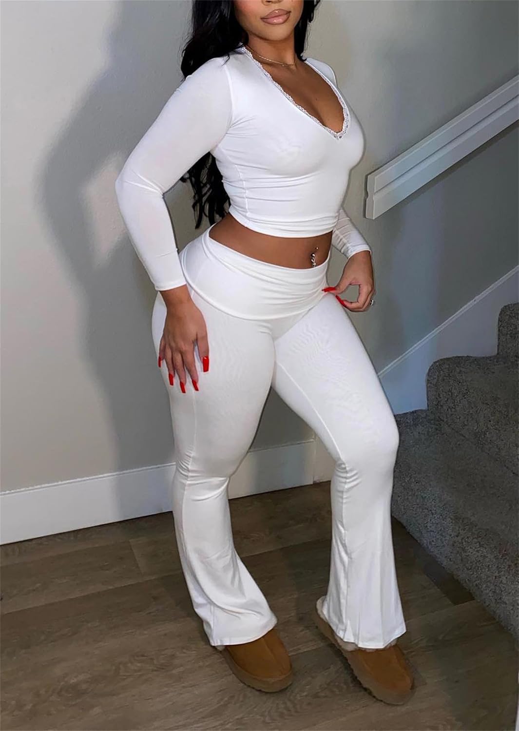 Womens Sexy 2 Piece Pajamas Sets Long Sleeve Crop Tops Fold Over Flare Pants Loungewear Pjs Outfits - Image 2