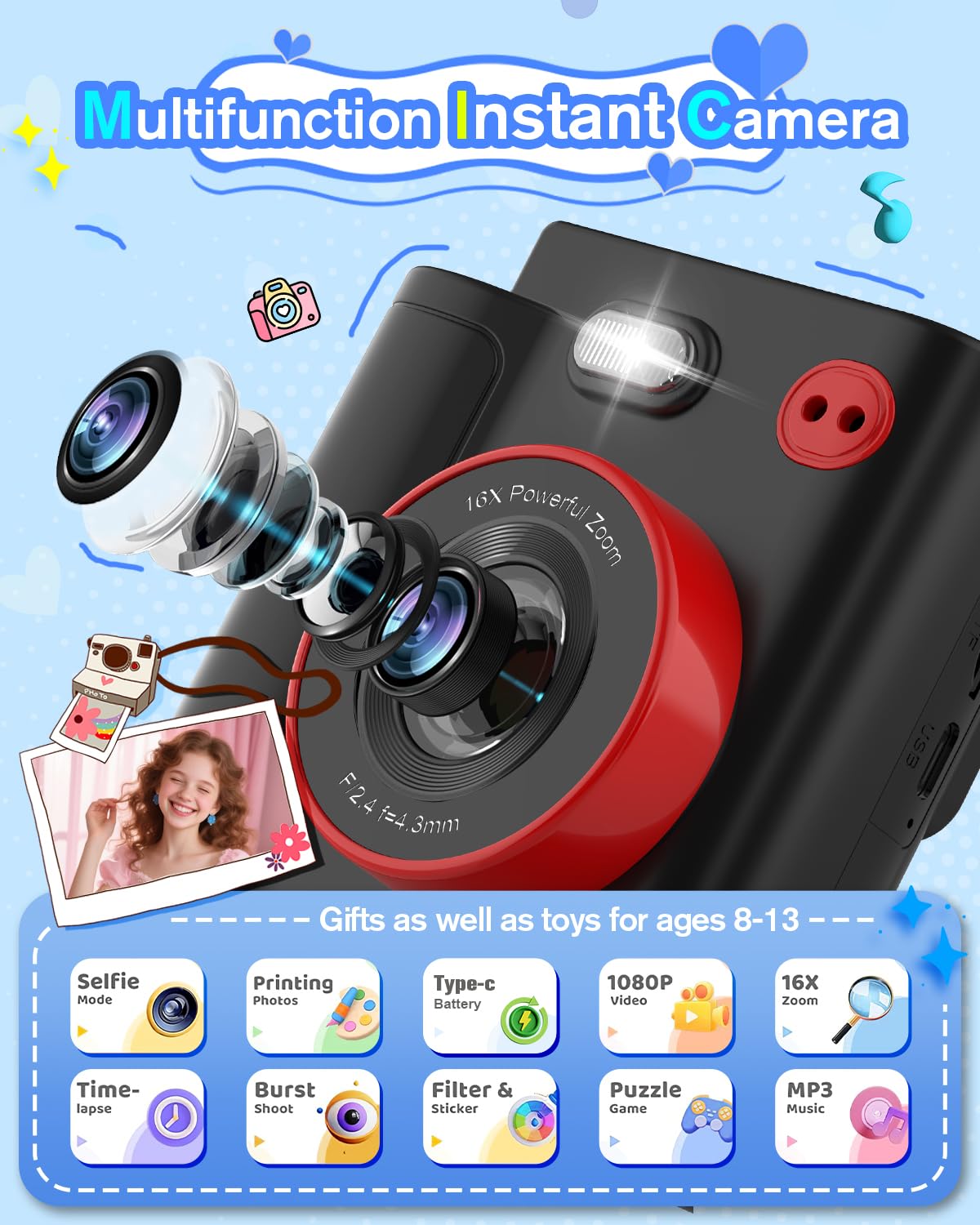 MYSTILUCK Macchina Fotografica Bambini Istantanea, 1080P HD Fotocamera Istantanea per Bambini con 32GB Scheda & Carta Fotografica, Giocattolo Regalo di Natale Compleanno Bambino e Bambina 3-12 Anni