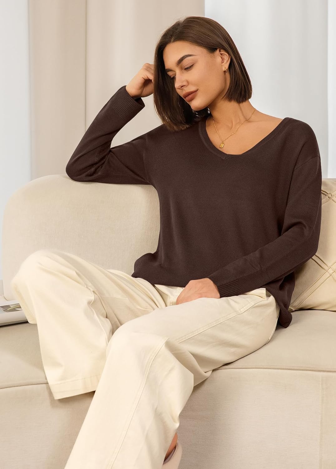 Panadila Women V Neck Oversized Sweaters Casual Off The Shoulder Sweater Knit Long Sleeve Tops Fall Outfits - Image 6